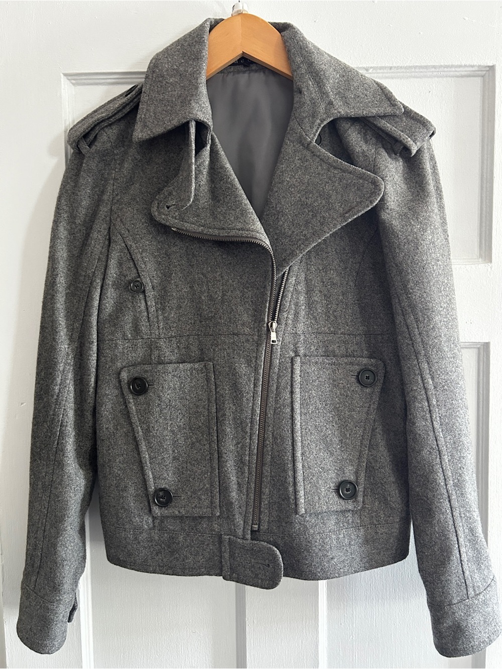 Theory Gray Wool-Blend Asymmetric Moto Jacket
